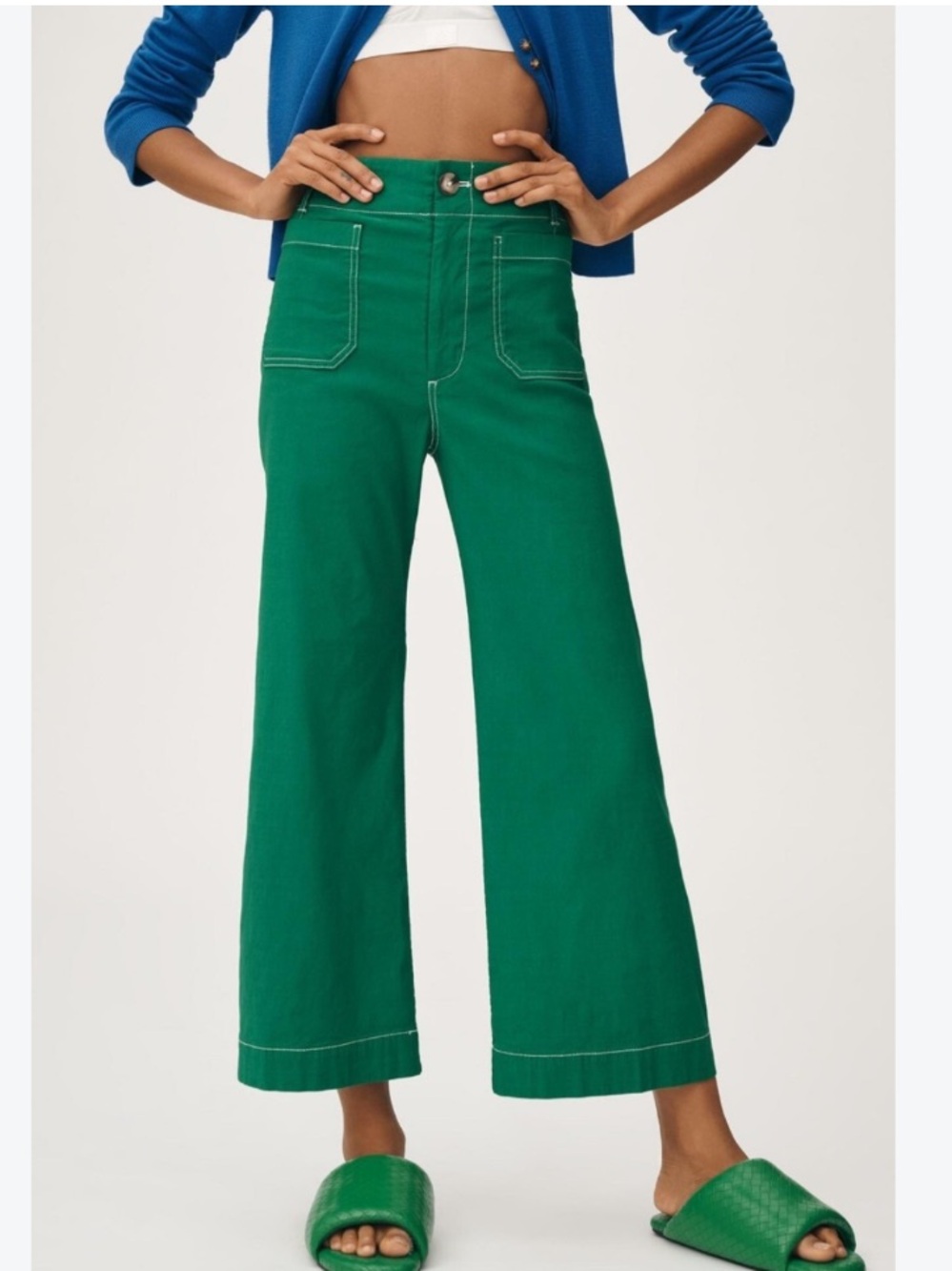 Anthropologie Maeve Pants Colette Crop Wide-Leg Contrast Stitch in Emerald Green